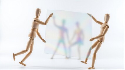 Fototapeta premium Two wooden figures hold a reflective, iridescent panel against a plain white background.