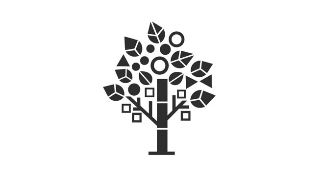 Stylized geometric tree logo with square and circular leaves.