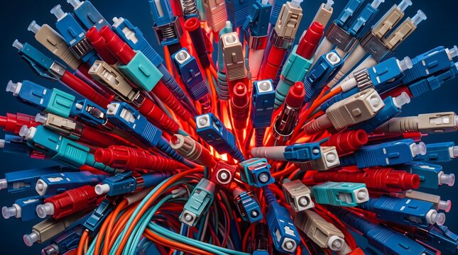Fiber optic cables bundled together, creating a vibrant and intricate network of data transmission. macro close-up, technology concept, copy space