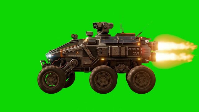 A heavy 3D sci-fi armored personnel carrier or combat planetary rover driving fast with lights on, isolated on a chroma key green screen background.