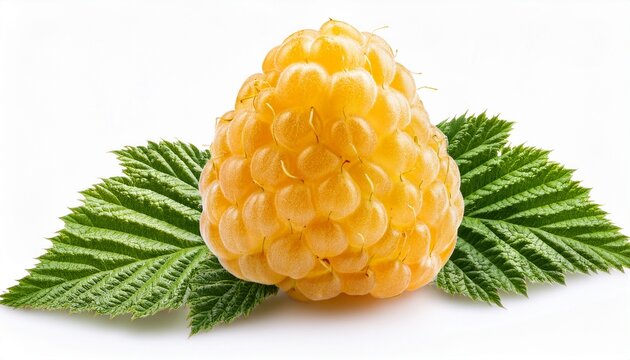 Single Ripe Yellow Raspberry Fruit With Green Leaves Isolated On A White Background