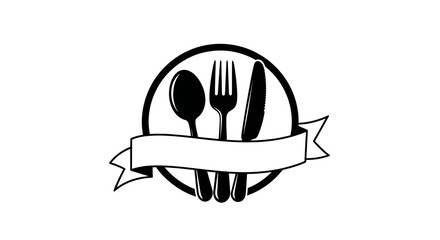 Naklejka premium Restaurant Emblem with Cutlery and Blank Ribbon Banner