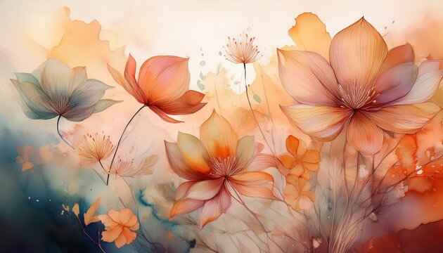 Pintura En Acuarela De Flores Etereas Superpuestas En Tonos Calidos Con Petalos Delicados