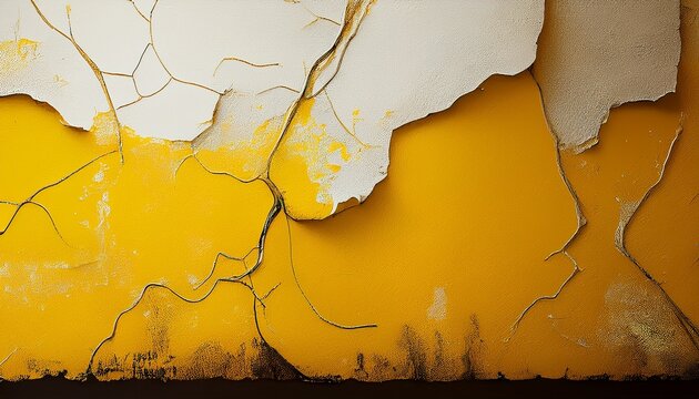 Textured Yellow And White Abstract Wall Background With Cracked Paint Minimalist Style