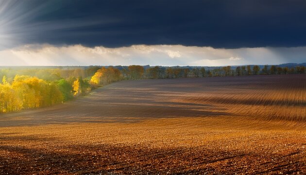 Autumn Landscape With Arable Fields Forests On The Horizon Under A Dark Sky With Sunrays