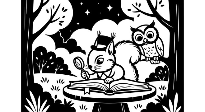 Cute Squirrel Detective with Magnifying Glass Reading a Book in Forest