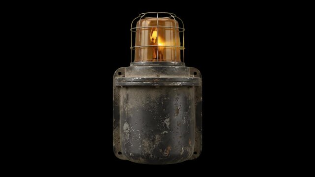 A detailed 3D render of an industrial vintage orange flashing beacon light enclosed in a protective wire cage, isolated against a solid dark black studio backdrop. Perfect for industrial safety promos