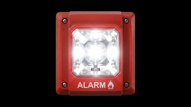 High-detail 3D model of a red wall-mounted fire alarm unit with a bright flashing white strobe light, isolated against a solid pitch-black background. Perfect for safety instructional videos, emergenc