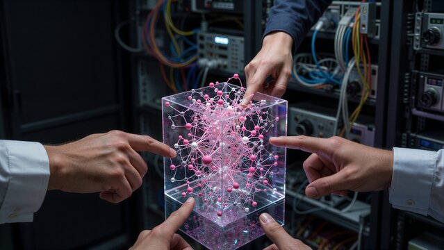 Hands point at glowing pink molecular structure inside a transparent cube in server room.