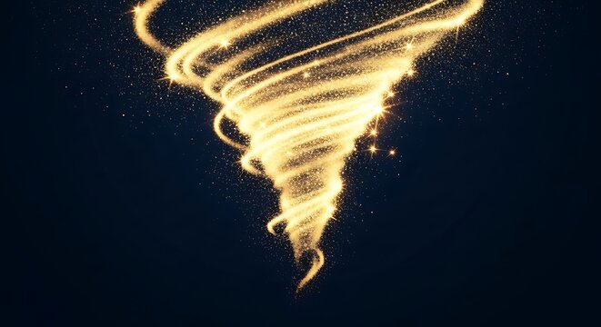 Golden light particles swirling in a vortex. Abstract glowing tornado on black background.