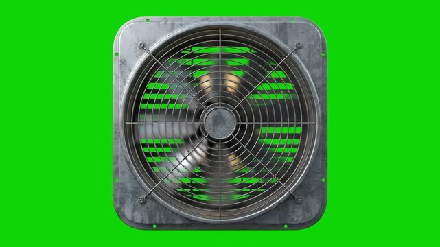 A metallic square ventilation exhaust fan or air conditioner blower unit spinning rapidly, isolated on a chroma key green screen background.