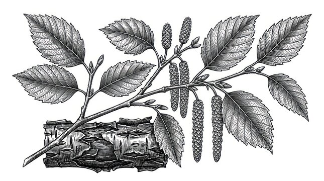 Detailed vintage engraving of a leafy branch with seed pods and bark