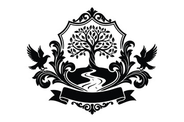 Fototapeta premium Vintage heraldic shield with tree of life river and birds emblem heraldry filigree