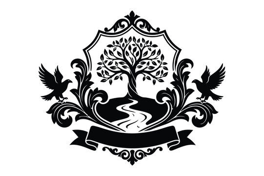 Vintage heraldic shield with tree of life river and birds emblem heraldry filigree