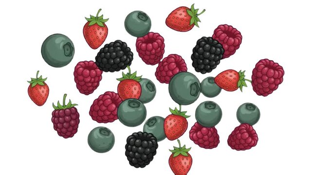 A vibrant flat 2D graphic pattern of fresh mixed berries including strawberries, blueberries, raspberries, and blackberries, set against a solid white studio backdrop. Ideal for fruit juice commercial