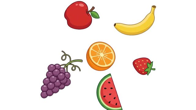 Bright 2D vector illustration of a seamless fruit pattern with apple, banana, orange slice, grapes, strawberry, and watermelon, isolated on a clean white background. Perfect for juice packaging, child