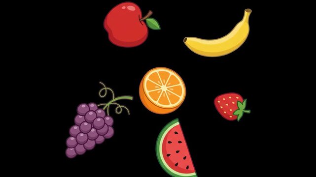 A cute 3D cartoon pattern featuring dynamic falling fruits including apple, banana, orange, grapes, strawberry, and watermelon on a solid black background.