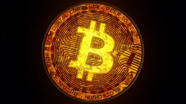 Rotating or spinning Bitcoin on a white background. BTC or Bitcoin crypto digital currency, blockchain technology, finance business internet concept