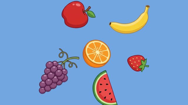 A cute 3D cartoon pattern featuring dynamic falling fruits including apple, banana, orange, grapes, strawberry, and watermelon on a bright blue background.