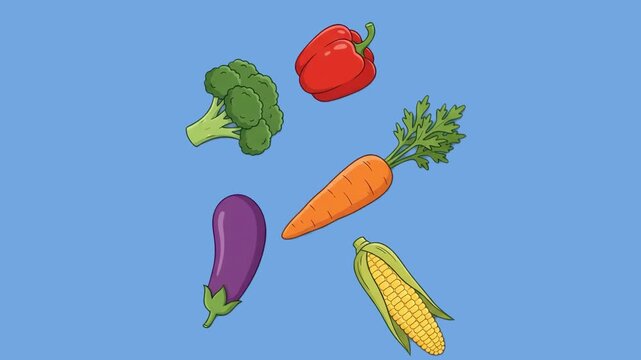 Colorful 2D cartoon pattern illustration featuring fresh healthy vegetables like broccoli, carrot, bell pepper, eggplant, and corn, isolated on a light blue background. Ideal for nutrition guides, hea