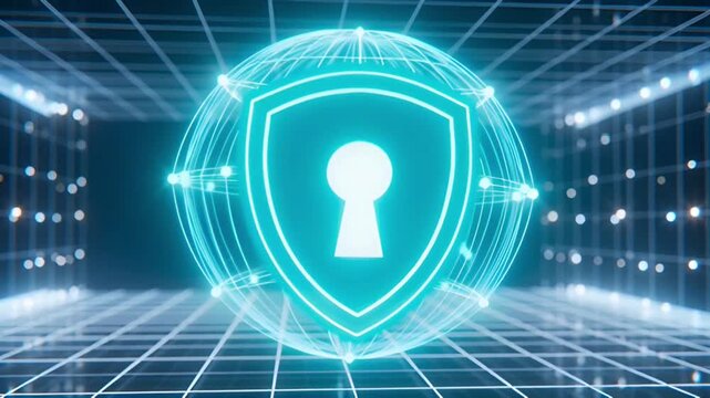 Glowing digital shield icon with a central keyhole symbol rotating within a complex wireframe sphere structure in this high quality motion graphics animation clip representing modern cybersecurity and