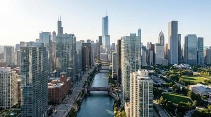 Obraz premium Aerial view of Chicago River flowing through downtown skyscrapers.