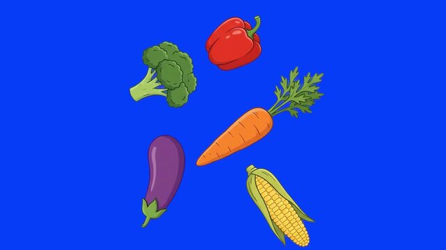 A colorful 2D animated pattern of various vegetables including carrots, broccoli, and peppers falling against a blue screen background. This loopable style is excellent for healthy eating, cooking, an
