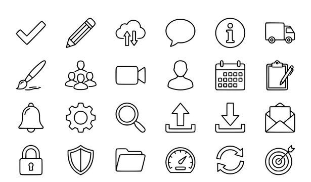 Web application line icons set correct answer cloud sync teamwork delivery vector eps10
