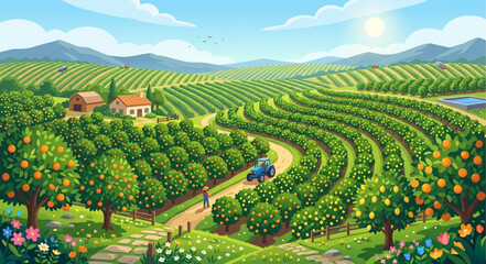 Obraz premium Lush agricultural landscape with orange orchard and vineyard, scenic farm valley with tractor and farmhouse, rural countryside vector illustration