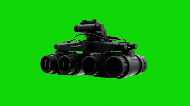 A high-tech four-lens night vision device displayed against a solid green screen background. Perfect for seamless compositing into military, sci-fi, or tactical video productions.