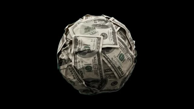 High-impact 3D render of a sphere completely covered in US hundred dollar bills ($100 cash), isolated against a solid pitch-black background. Excellent for financial market promos, wealth and success 
