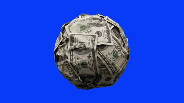 A creative 3D render of a sphere completely constructed from hundred-dollar US bill banknotes, floating on a bright blue chroma key background. Great for financial commercials, wealth and investment p