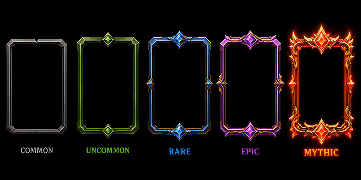 Fantasy RPG item frame rarity collection with common uncommon rare epic and mythic borders