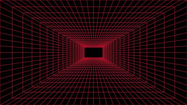 Neon Red Retro Wireframe Tunnel Black Background - Animated Cyber Grid Corridor Loop