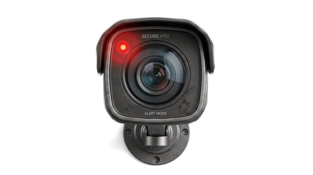 A front-view 3D render of a modern black security CCTV camera with a active glowing red LED indicator light on a solid white background. Suited for security system promotions, privacy videos, and tech