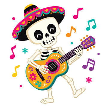 Playful skeleton musician in sombrero playing guitar with colorful musical notes, day of the dead celebration, festive
