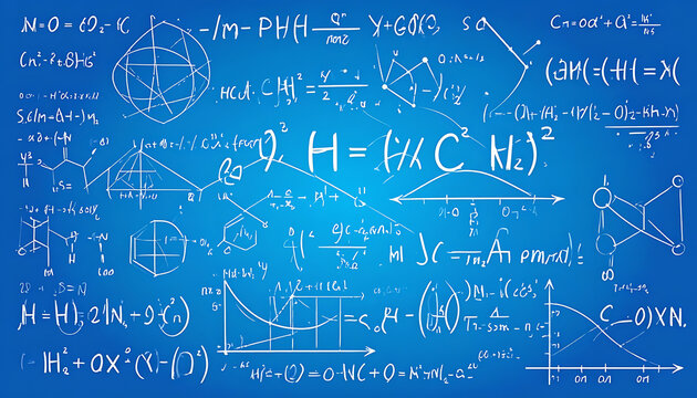 Blueprint background with handwritten mathematical formulas and geometric shapes, education concept