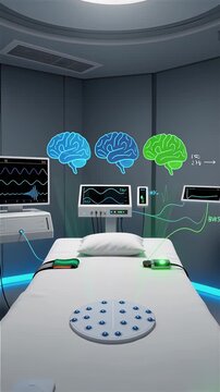 Detailed 3D CGI high-tech sleep study laboratory at night with empty medical bed equipped with EEG sensors electrode array and glowing blue green holographic brains connected to advanced monitoring 
