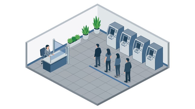 Isometric bank interior with people queuing for teller and ATMs