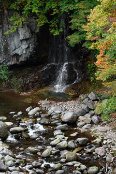 Scenic Waterfall and Autumn Foliage in Kinugawa Valley, Nikko, Japan