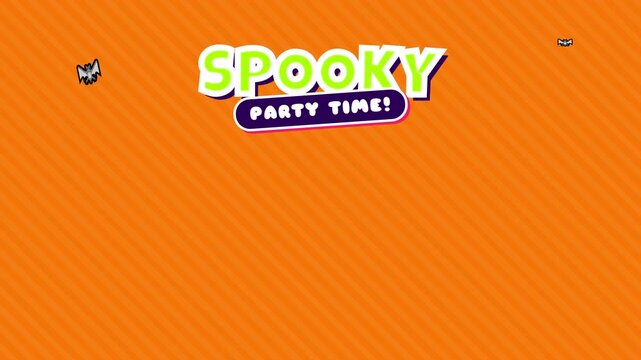 Cartoon Halloween title animation with 'Spooky Party Time!' text and flying bats