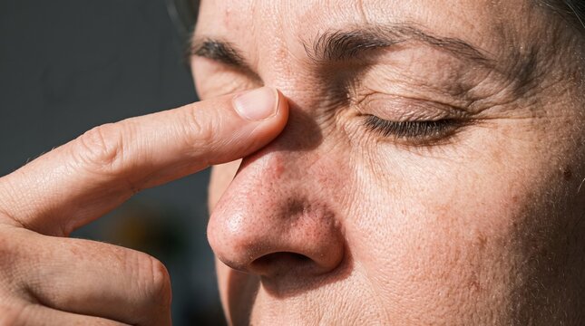 Woman massaging her nose bridge to relieve sinus pressure or headache pain with headache pressure migraine wellness