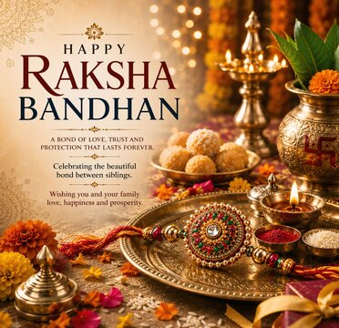 Happy Raksha Bandhan Festival Greeting Card with Traditional Rakhi, Gifts and Diwali Lamp