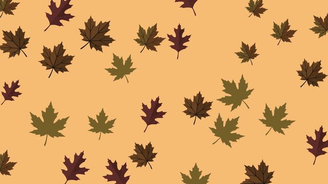 Many colorful autumn maple leaves against light orange background surface. Suitable for fallthemed designs, posters, banners, and seasonal graphics.