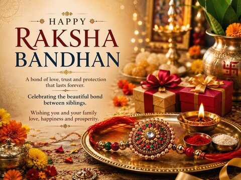 Happy Raksha Bandhan Festival Greeting Card with Traditional Rakhi, Gifts and Diwali Lamp