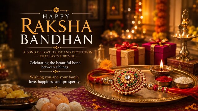 Happy Raksha Bandhan Festival Greeting Card with Traditional Rakhi, Gifts and Diwali Lamp
