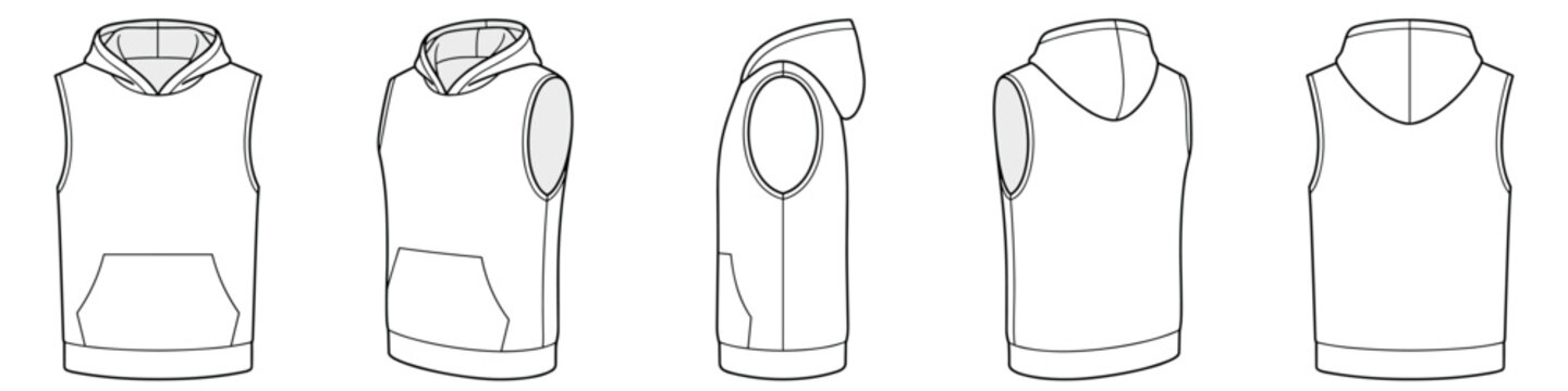 Sleeveless Gym Hoodie Vest technical fashion illustration. fitness hoodie vector template illustration. front and back view. pocket. armhole detail. CAD mockup. transparent background.