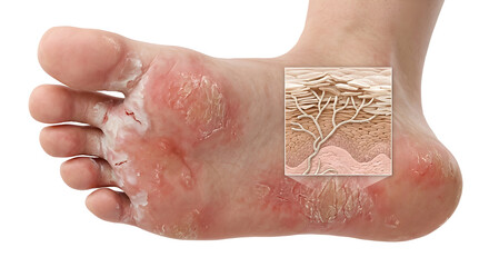 Fototapeta premium 3D Medical Illustration of Athlete's Foot (Tinea Pedis) Fungal Infection with Microscopic Skin Anatomy