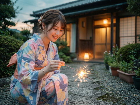 石畳の庭先で線香花火を持ち微笑む浴衣の女性