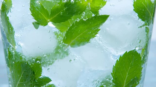 Close-up of mint leaves floating in a glass of sparkling water with ice cubes